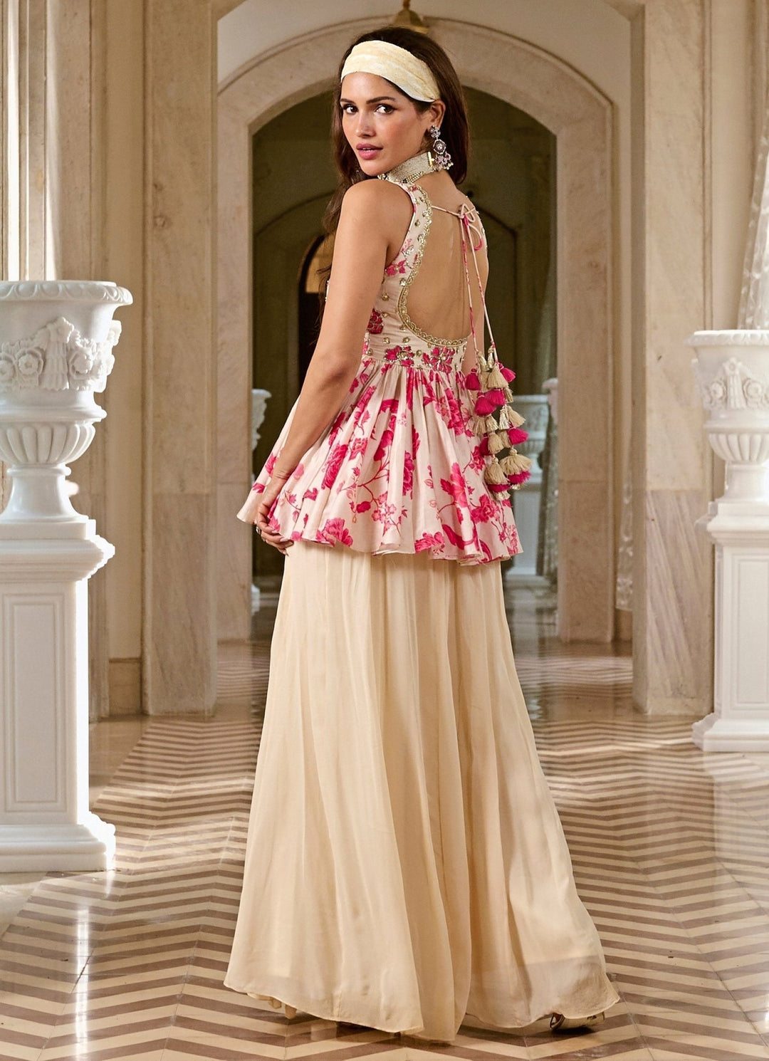 Ivory And Pink Silk Peplum Palazzo Set Paulmi and Harsh - Fabilicious Fashion