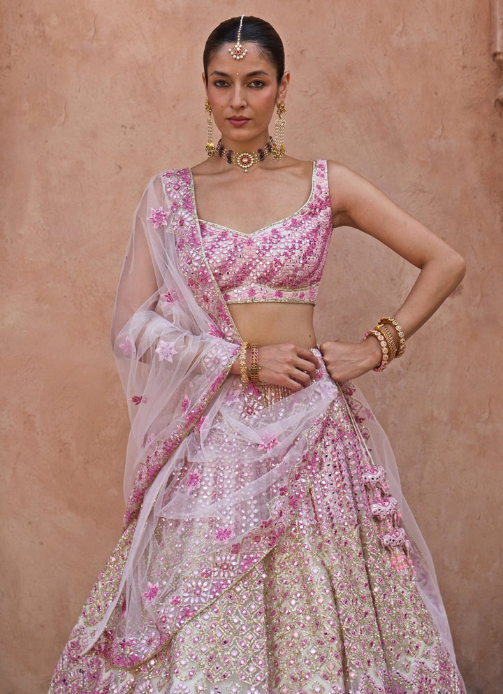 Angad Singh Ivory And Pink Soft Net Lehenga SetFabilicious Fashion