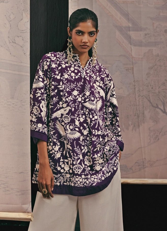 Ivory And Purple Crepe Silk Top With Pants Twenty Nine - Fabilicious Fashion