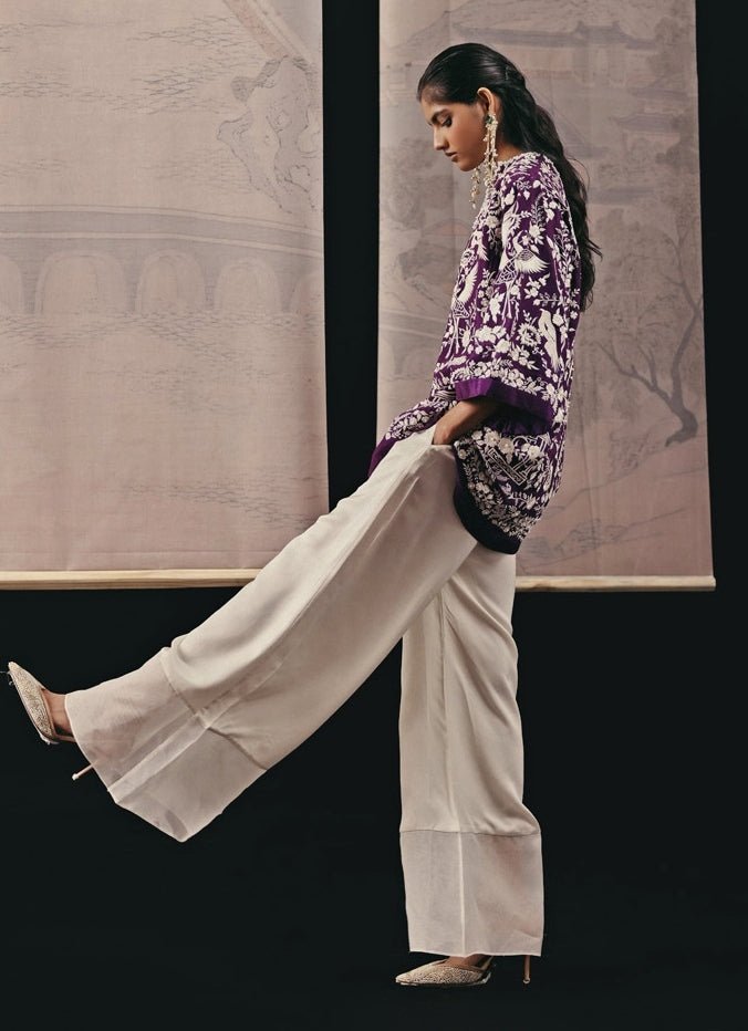 Ivory And Purple Crepe Silk Top With Pants Twenty Nine - Fabilicious Fashion