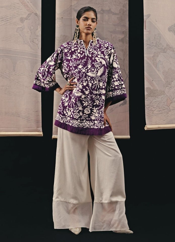 Ivory And Purple Crepe Silk Top With Pants Twenty Nine - Fabilicious Fashion