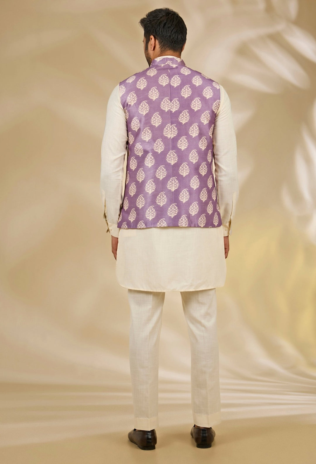 Manish Nagdeo Men Ivory and Purple Printed Silk Bundi SetFabilicious Fashion