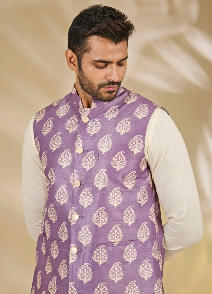 Manish Nagdeo Men Ivory and Purple Printed Silk Bundi SetFabilicious Fashion