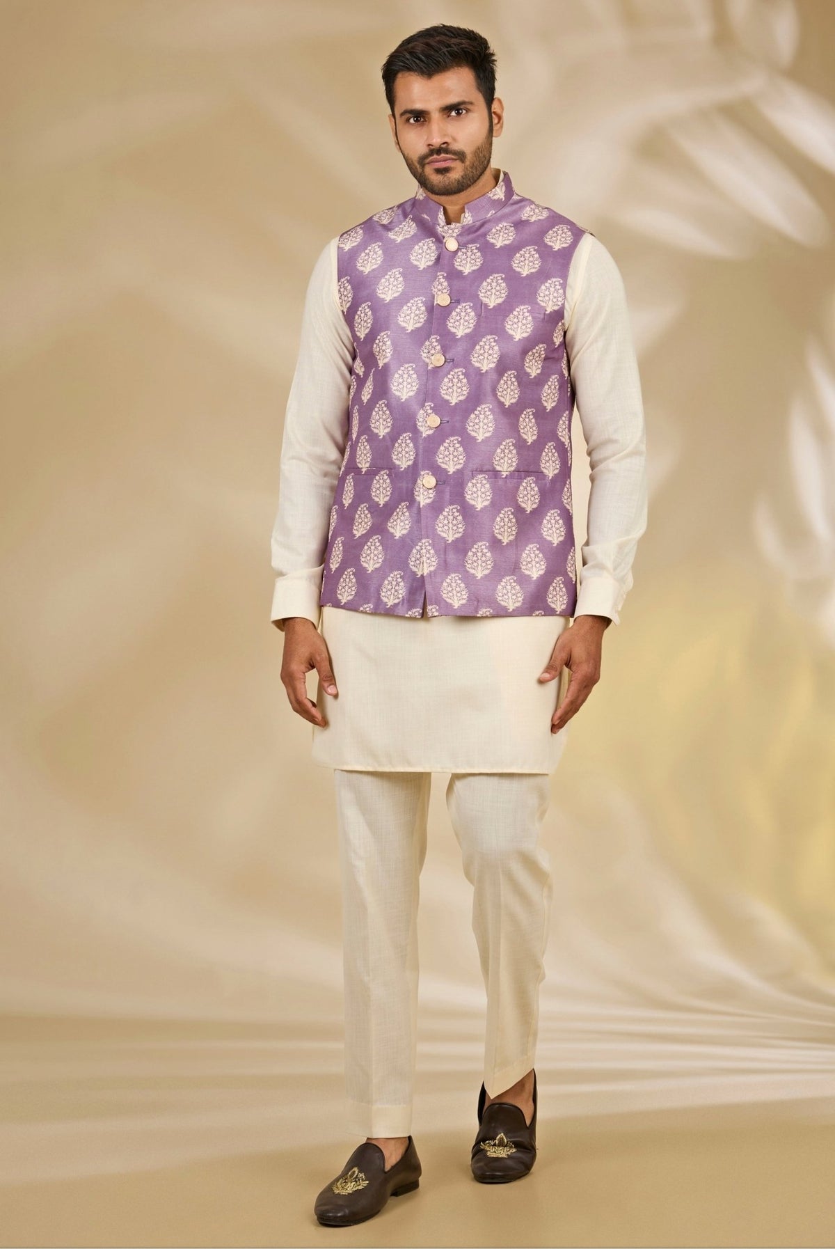 Ivory and purple printed silk bundi set by Manish Nagdeo