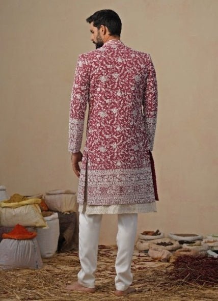 Ivory and Red Georgette Indowestern Jacket Set Kalpraag - Fabilicious Fashion