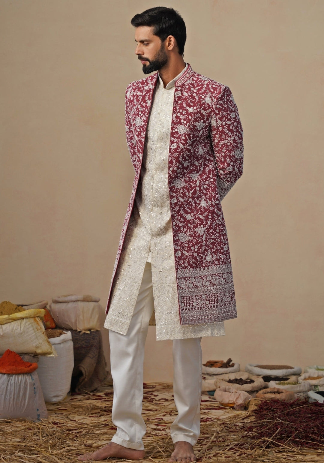 Ivory and Red Georgette Indowestern Jacket Set Kalpraag - Fabilicious Fashion