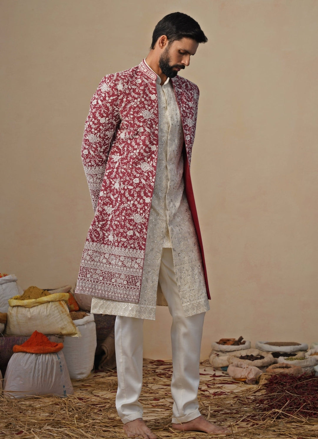 Ivory and Red Georgette Indowestern Jacket Set Kalpraag - Fabilicious Fashion