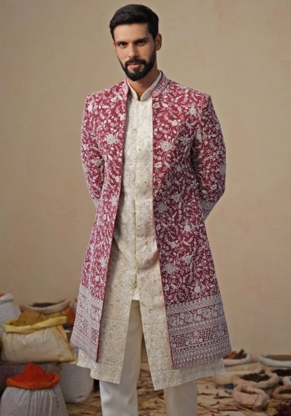 Ivory and Red Georgette Indowestern Jacket Set Kalpraag - Fabilicious Fashion