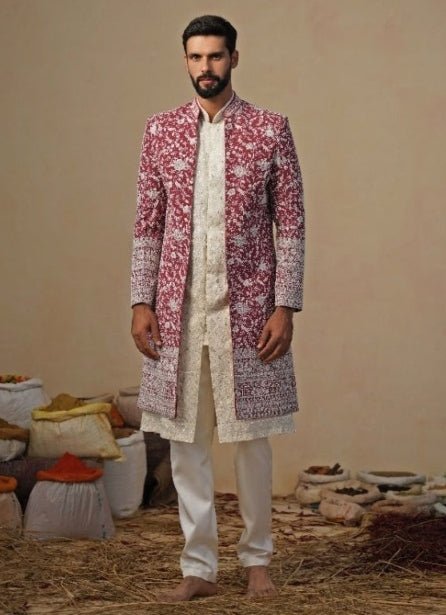 Ivory and Red Georgette Indowestern Jacket Set Kalpraag - Fabilicious Fashion