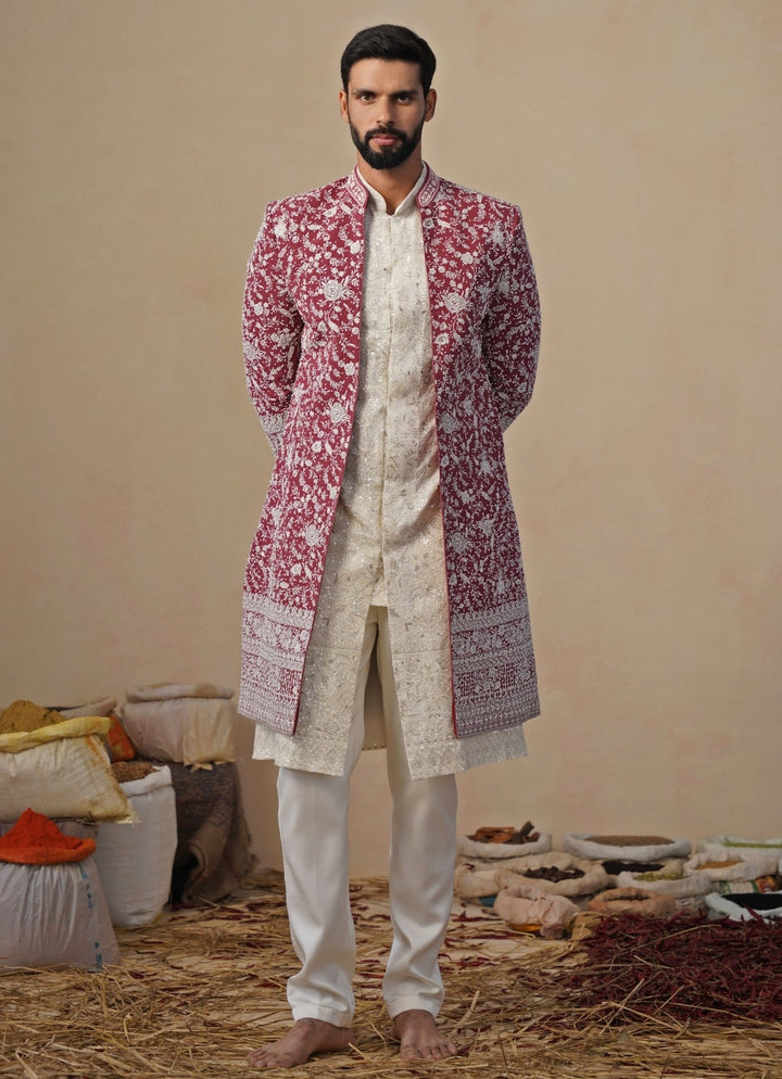 Ivory and Red Georgette Indowestern Jacket Set Kalpraag - Fabilicious Fashion