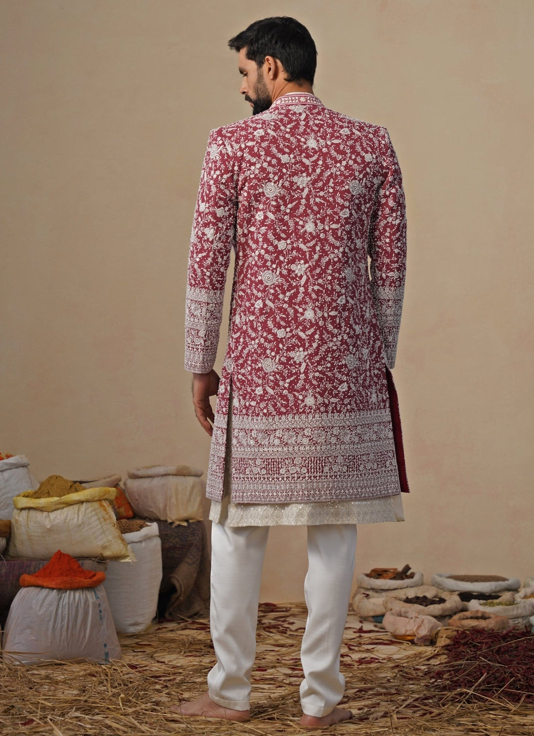 Ivory and Red Georgette Indowestern Jacket Set Kalpraag - Fabilicious Fashion