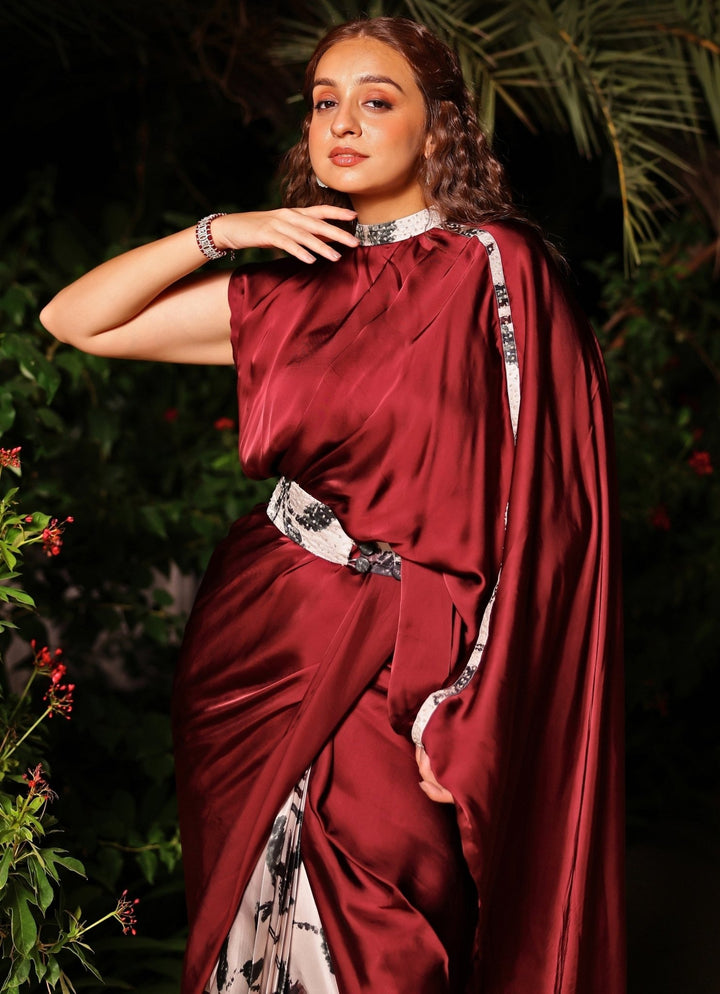 Studio Surbhi Ivory And Red Georgette Satin Pre-Draped Collar SareeFabilicious Fashion