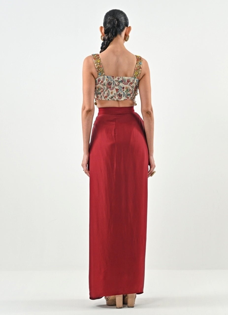 Ivory And Red Silk Satin Dhoti Set With Cape Juhi Bengani - Fabilicious Fashion