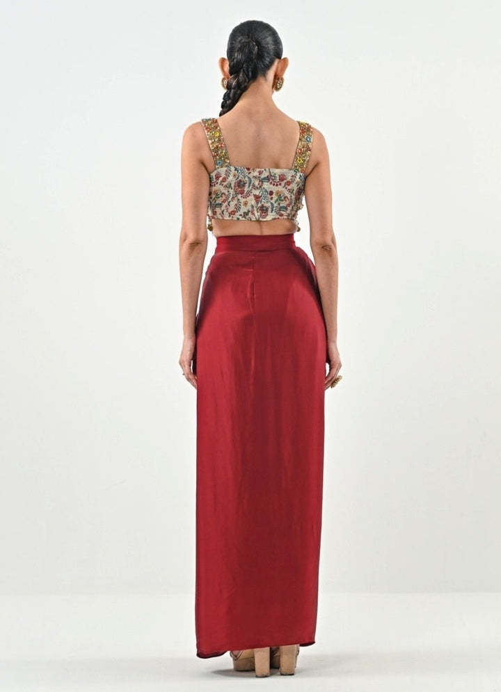 Ivory And Red Silk Satin Dhoti Set With Cape Juhi Bengani - Fabilicious Fashion