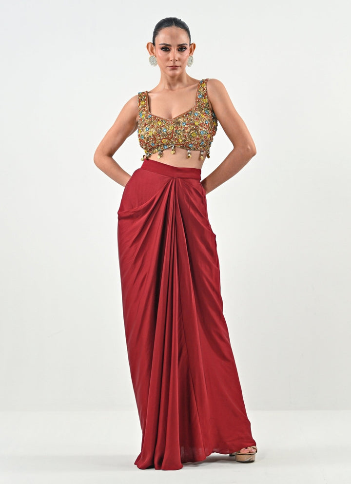 Ivory And Red Silk Satin Dhoti Set With Cape Juhi Bengani - Fabilicious Fashion