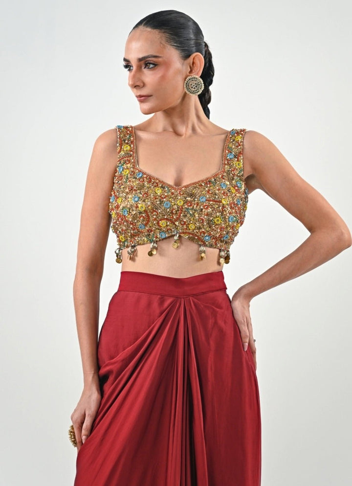 Ivory And Red Silk Satin Dhoti Set With Cape Juhi Bengani - Fabilicious Fashion