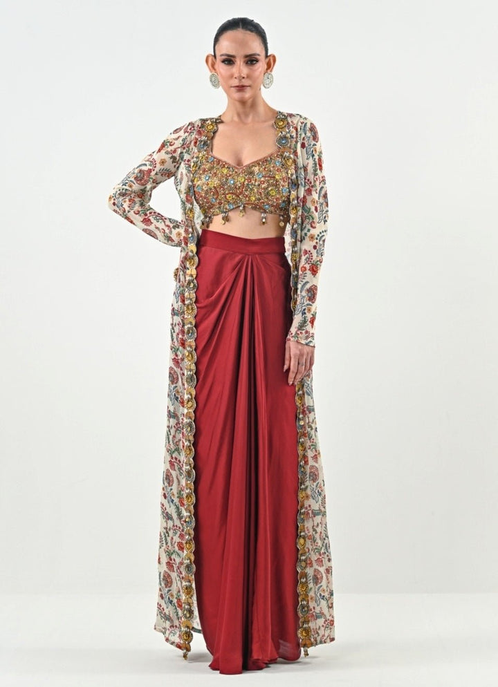 Ivory And Red Silk Satin Dhoti Set With Cape Juhi Bengani - Fabilicious Fashion