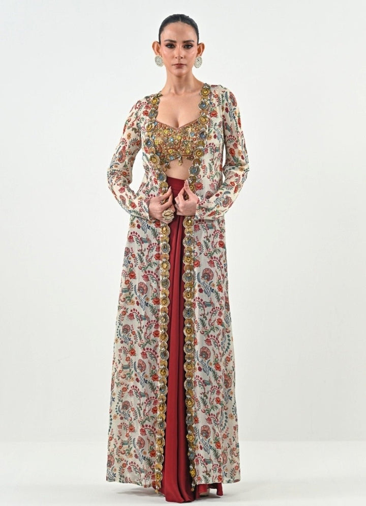 Ivory And Red Silk Satin Dhoti Set With Cape Juhi Bengani - Fabilicious Fashion