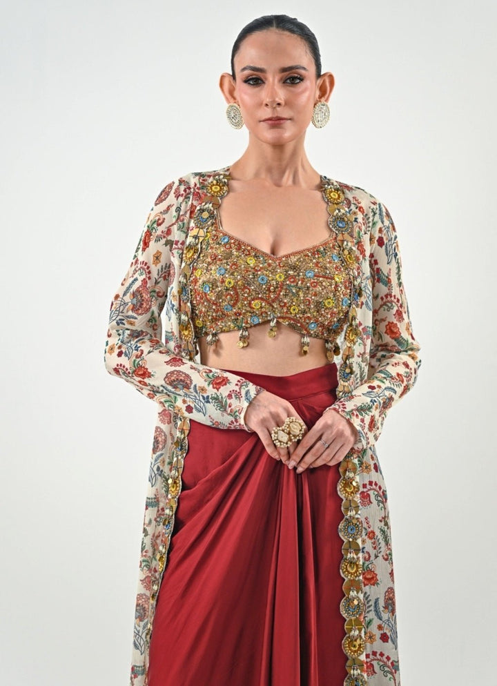 Ivory And Red Silk Satin Dhoti Set With Cape Juhi Bengani - Fabilicious Fashion