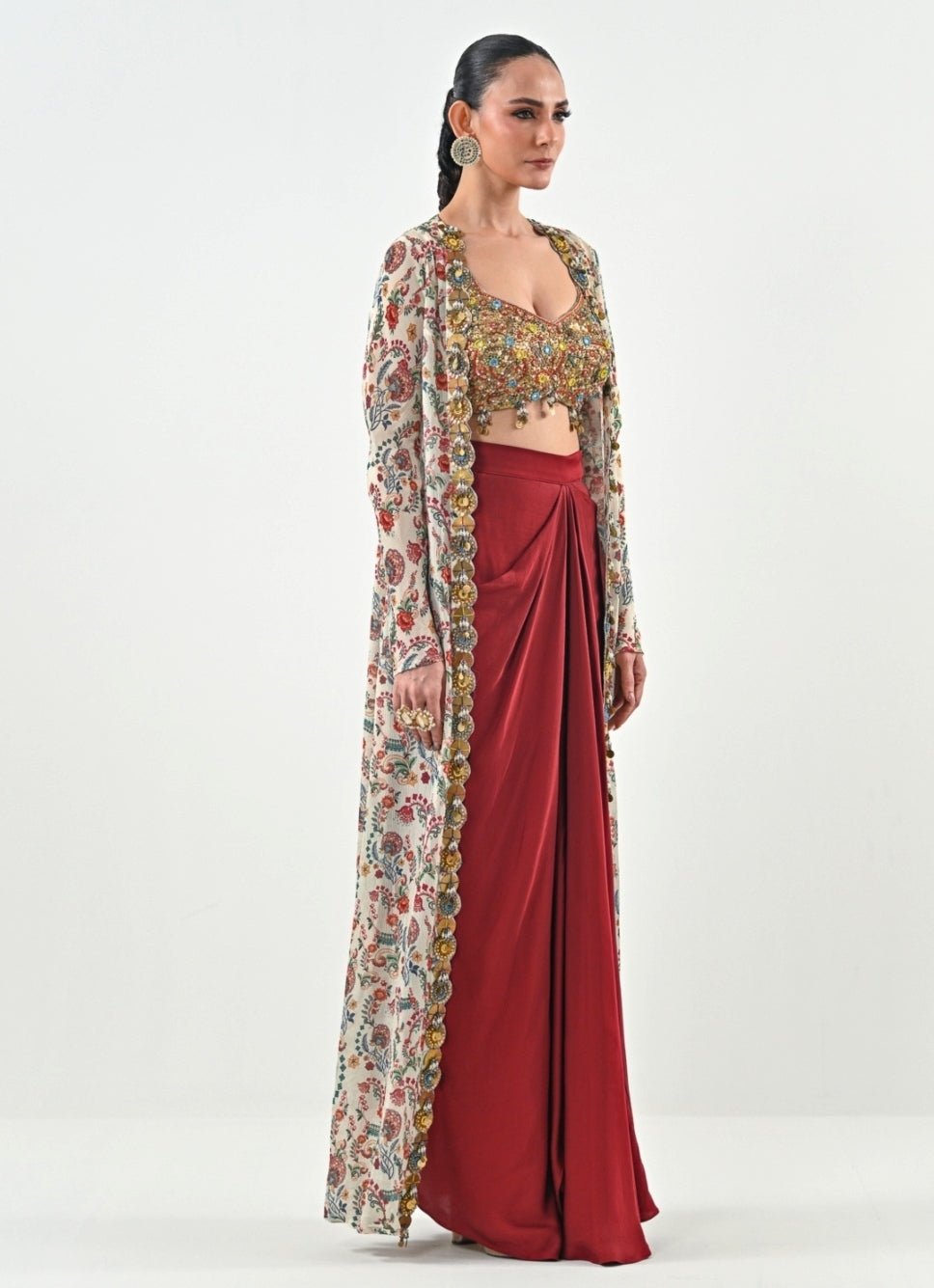 Ivory And Red Silk Satin Dhoti Set With Cape Juhi Bengani - Fabilicious Fashion