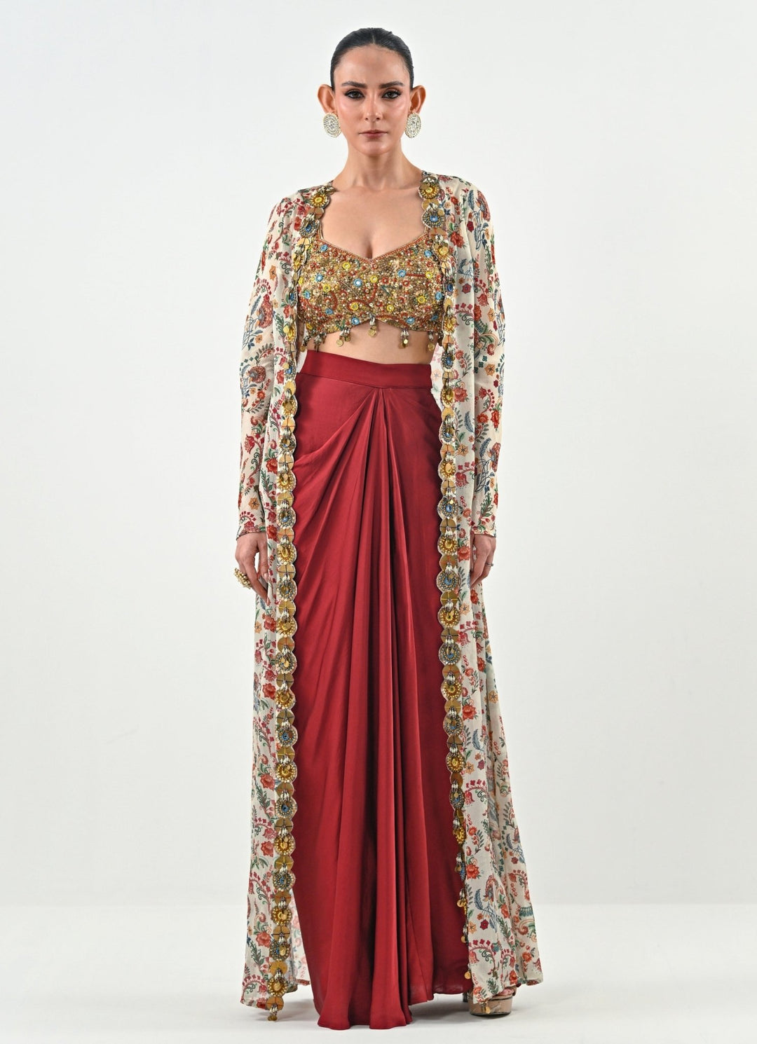 Ivory And Red Silk Satin Dhoti Set With Cape Juhi Bengani - Fabilicious Fashion