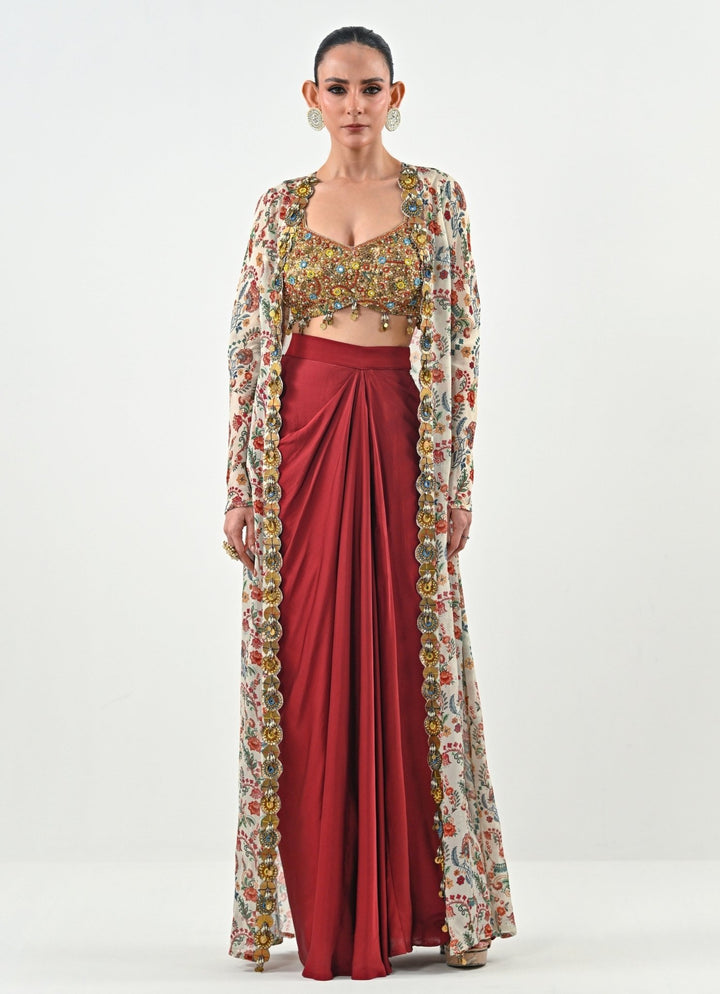 Ivory And Red Silk Satin Dhoti Set With Cape Juhi Bengani - Fabilicious Fashion