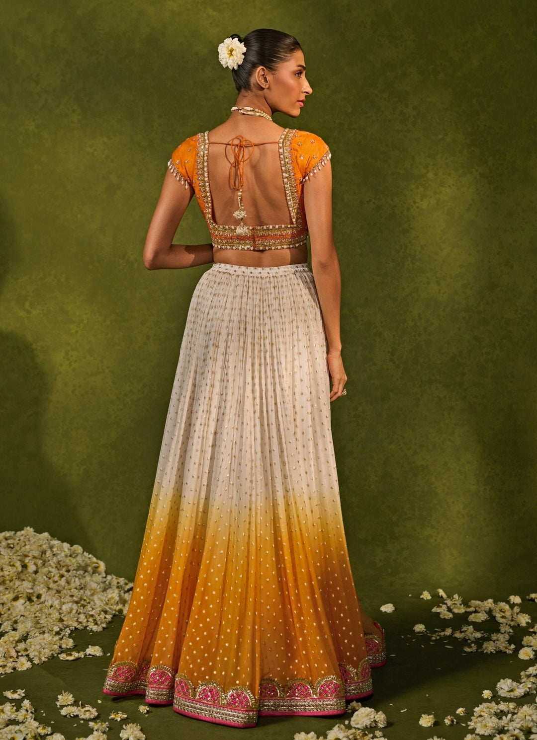 Ivory And Saffron Orange Georgette Ruched Lehenga Chamee and Palak - Fabilicious Fashion