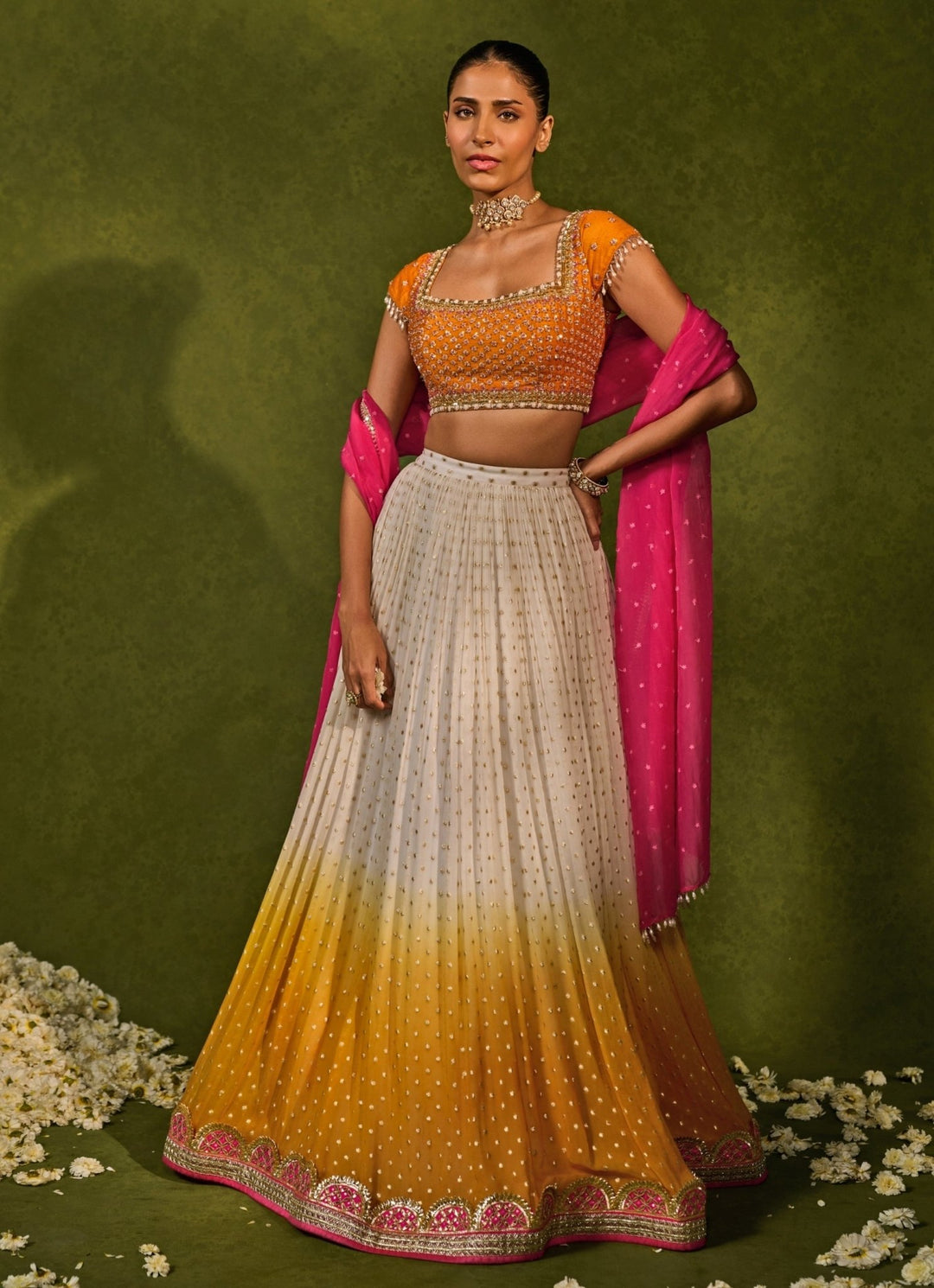 Ivory And Saffron Orange Georgette Ruched Lehenga Chamee and Palak - Fabilicious Fashion