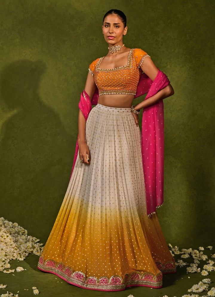Ivory And Saffron Orange Georgette Ruched Lehenga Chamee and Palak - Fabilicious Fashion