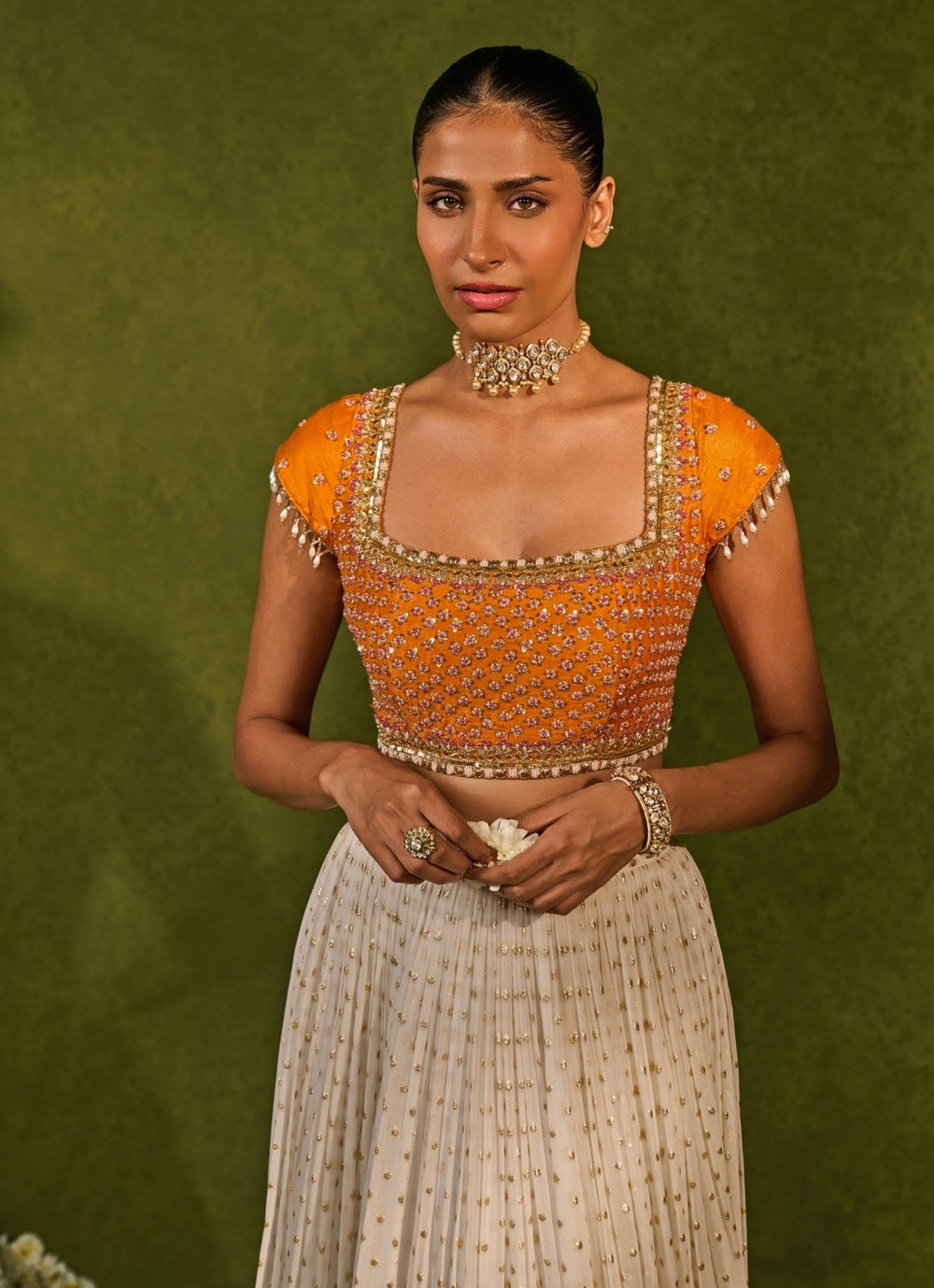 Ivory And Saffron Orange Georgette Ruched Lehenga Chamee and Palak - Fabilicious Fashion