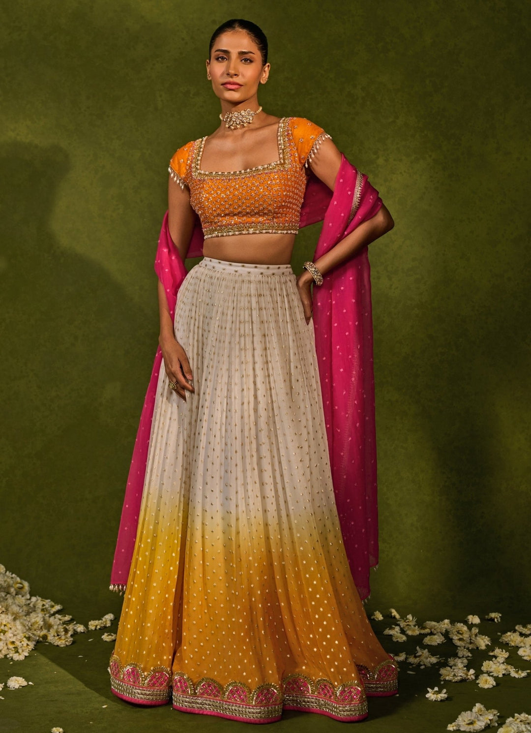 Ivory And Saffron Orange Georgette Ruched Lehenga Chamee and Palak - Fabilicious Fashion