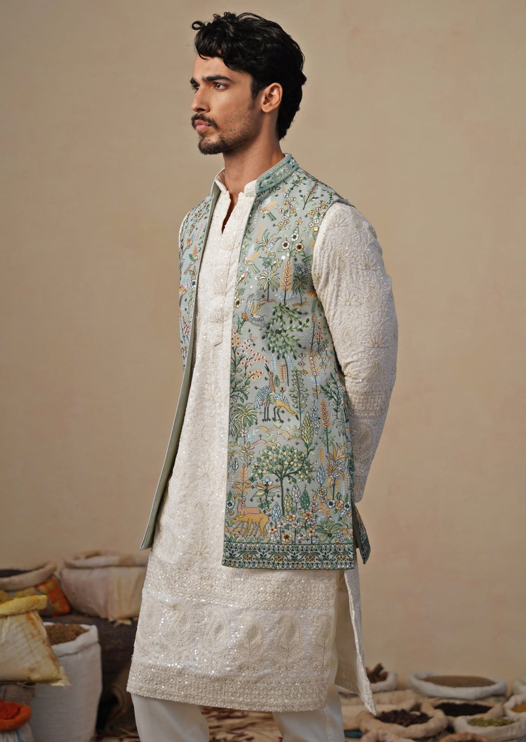 Ivory and Sea Green Georgette Kurta Jacket Set Kalpraag - Fabilicious Fashion