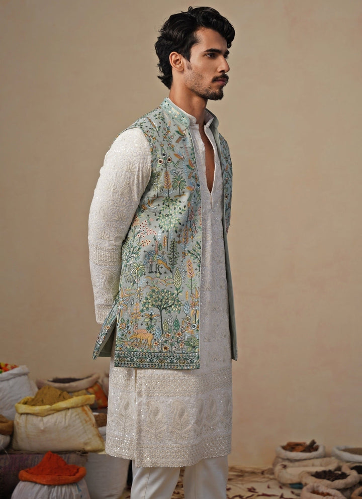 Ivory and Sea Green Georgette Kurta Jacket Set Kalpraag - Fabilicious Fashion