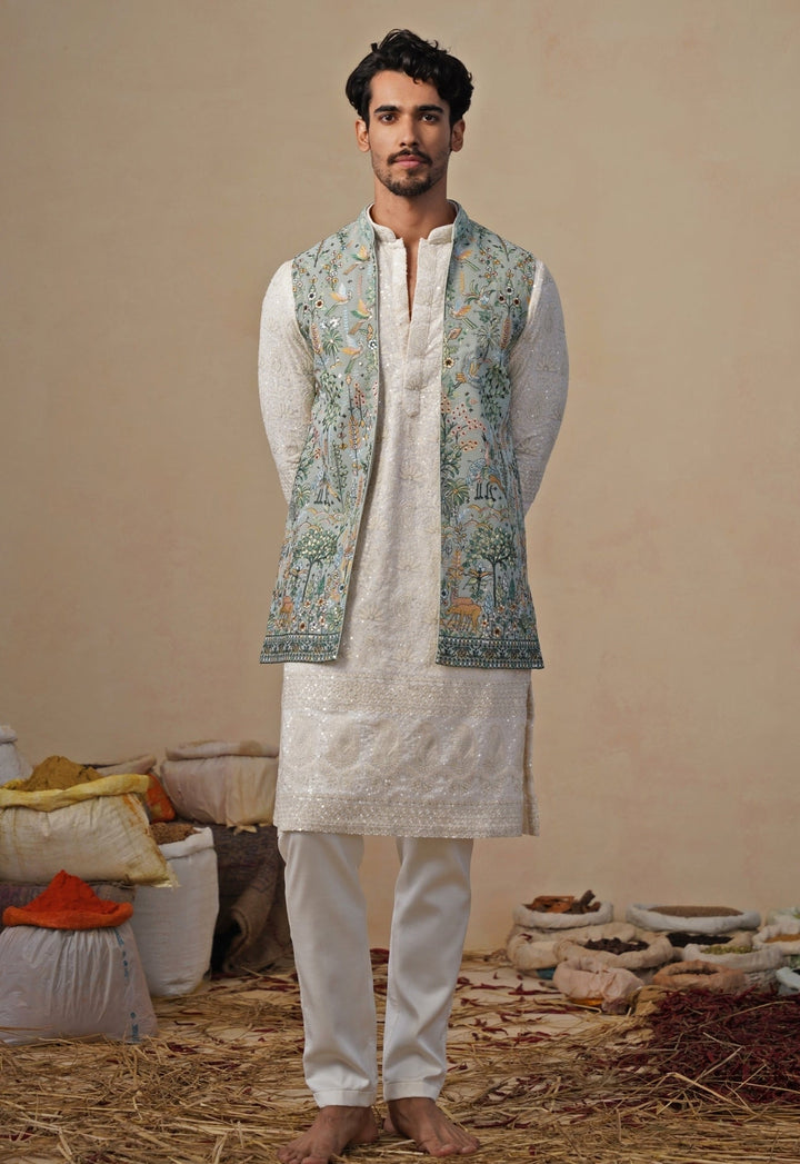 Ivory and Sea Green Georgette Kurta Jacket Set Kalpraag - Fabilicious Fashion