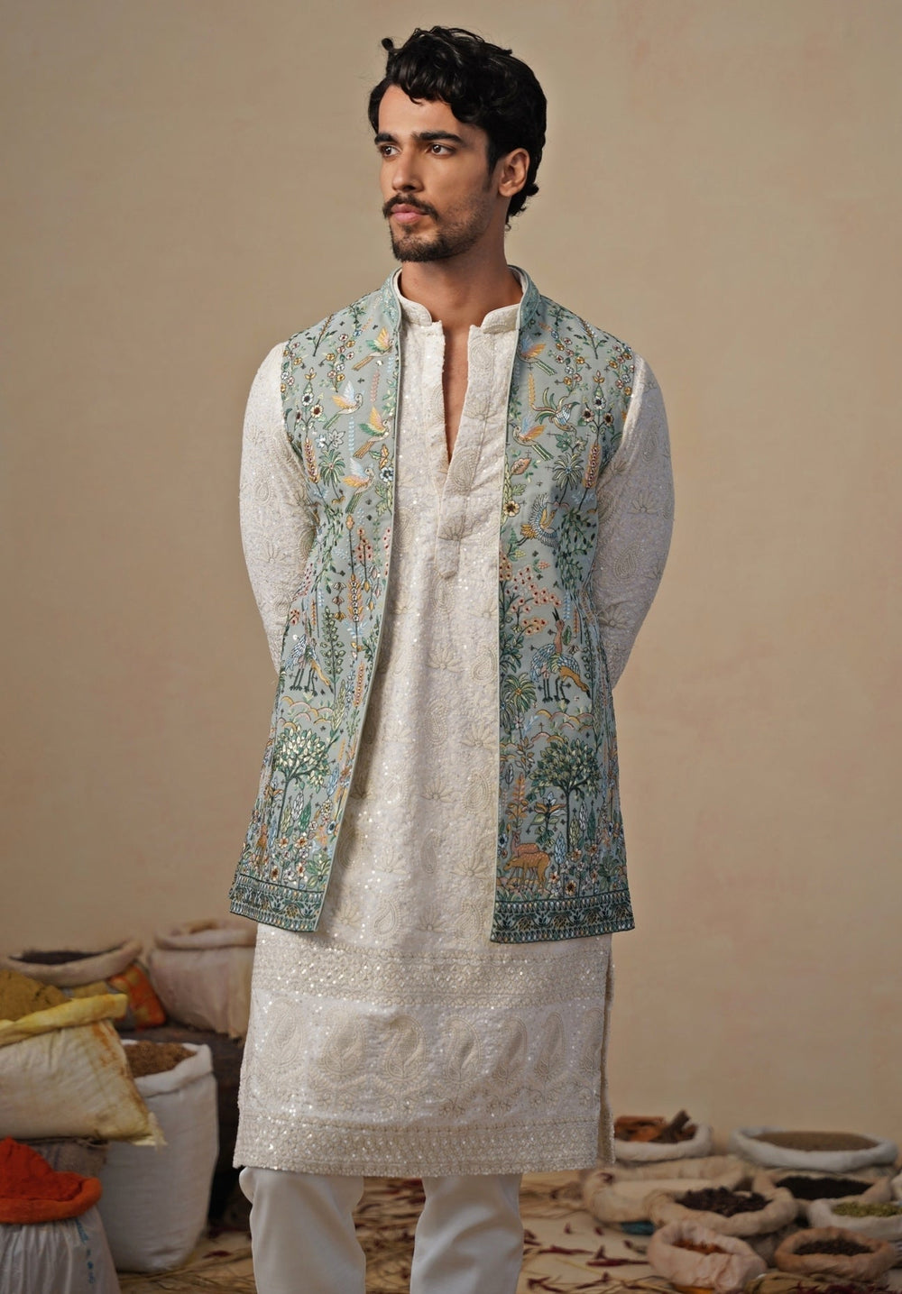 Ivory and Sea Green Georgette Kurta Jacket Set Kalpraag - Fabilicious Fashion