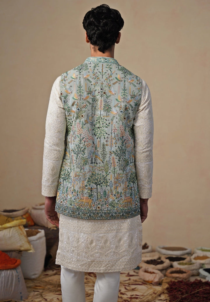 Ivory and Sea Green Georgette Kurta Jacket Set Kalpraag - Fabilicious Fashion