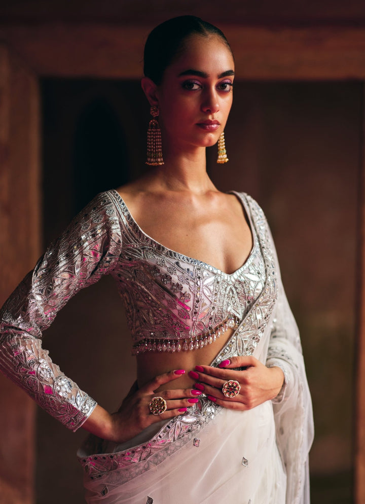 Ivory And Silver Applique And Mirrorwork Soft Net Saree Angad Singh - Fabilicious Fashion