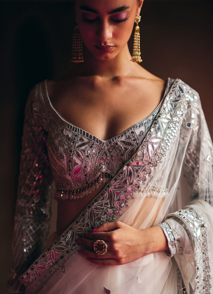 Ivory And Silver Applique And Mirrorwork Soft Net Saree Angad Singh - Fabilicious Fashion