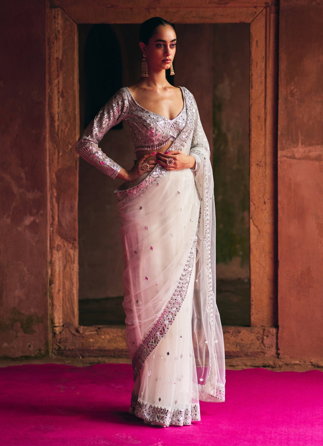 Ivory And Silver Applique And Mirrorwork Soft Net Saree Angad Singh - Fabilicious Fashion