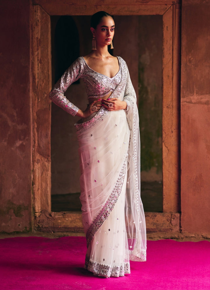 Ivory And Silver Applique And Mirrorwork Soft Net Saree Angad Singh - Fabilicious Fashion