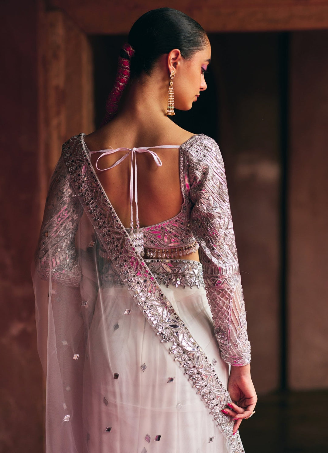 Ivory And Silver Applique And Mirrorwork Soft Net Saree Angad Singh - Fabilicious Fashion