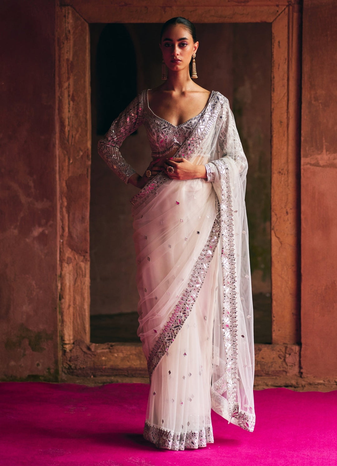 Ivory And Silver Applique And Mirrorwork Soft Net Saree Angad Singh - Fabilicious Fashion