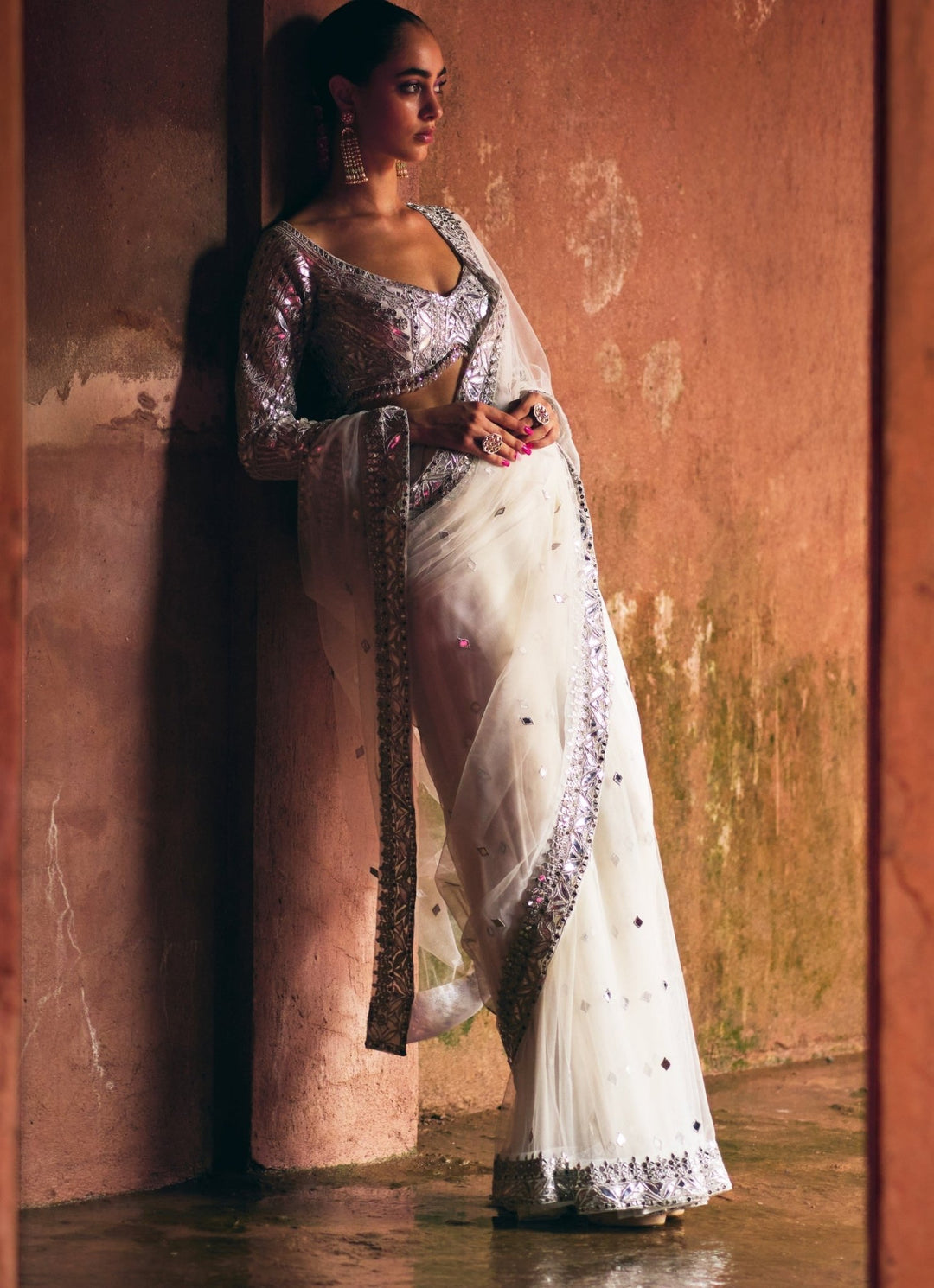 Ivory And Silver Applique And Mirrorwork Soft Net Saree Angad Singh - Fabilicious Fashion