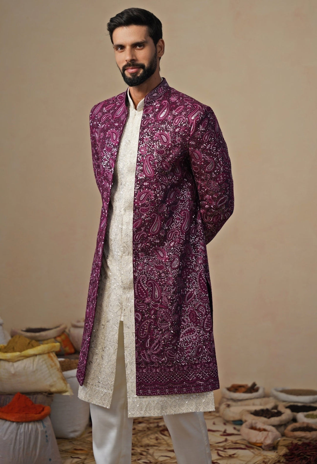 Ivory and Wine Georgette Indo - western Jacket Set Kalpraag - Fabilicious Fashion