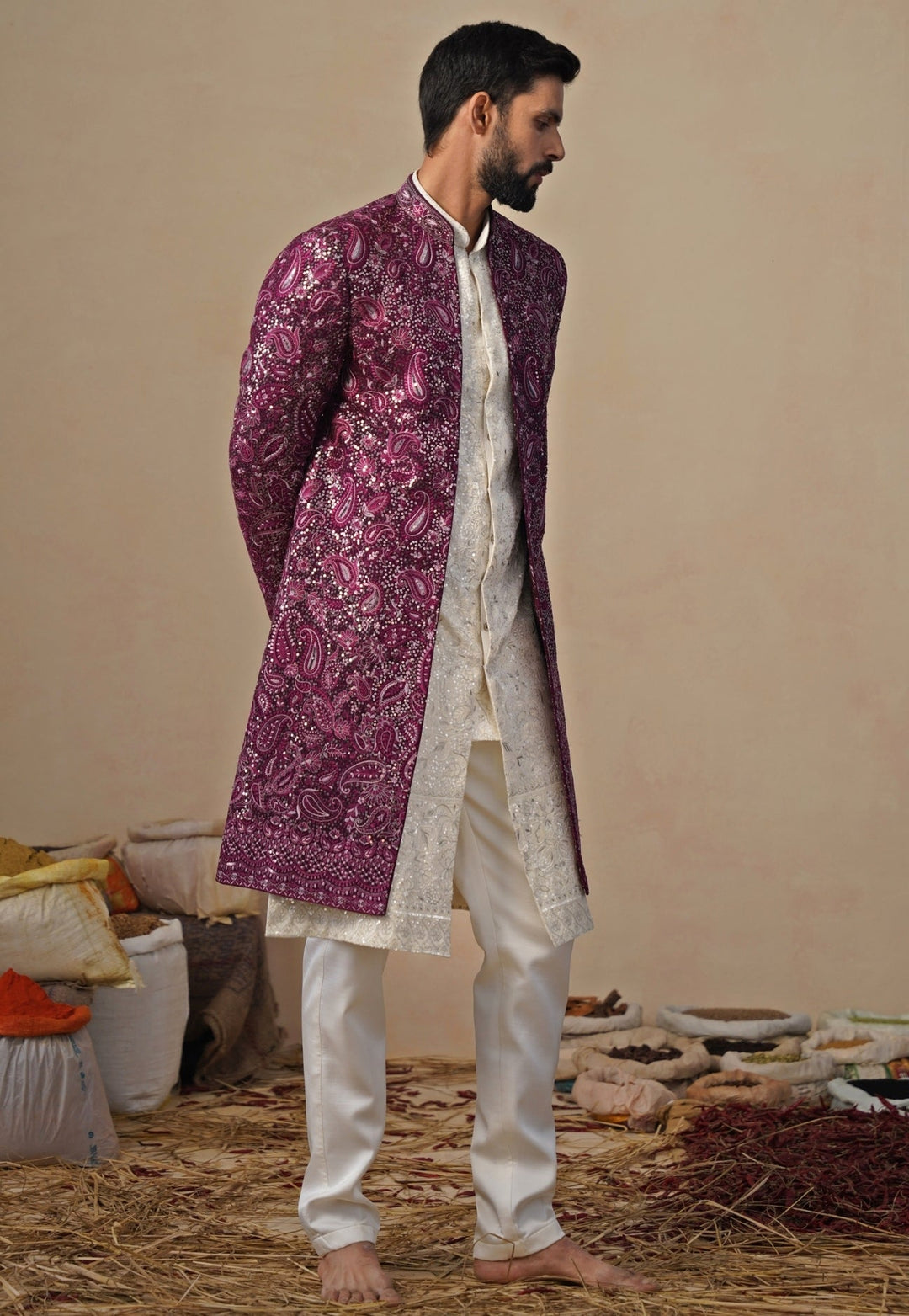 Ivory and Wine Georgette Indo - western Jacket Set Kalpraag - Fabilicious Fashion