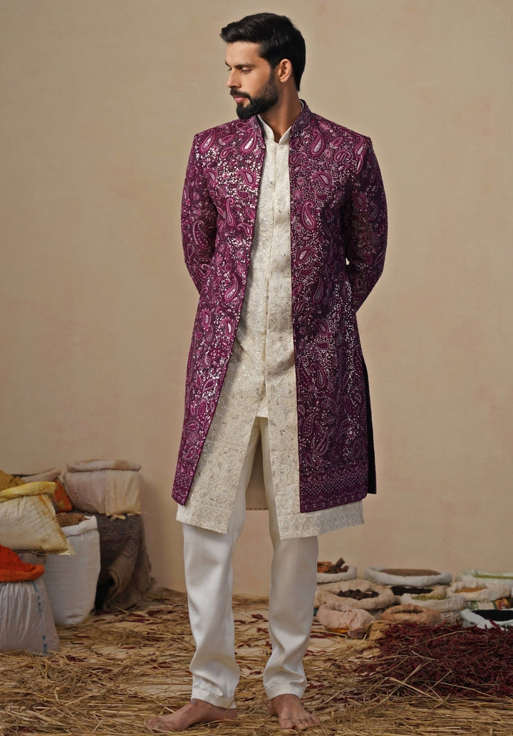 Ivory and Wine Georgette Indo - western Jacket Set Kalpraag - Fabilicious Fashion