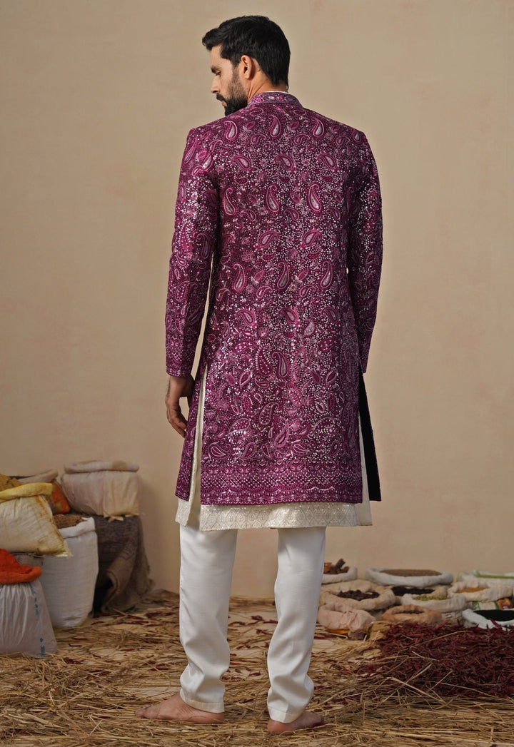 Ivory and Wine Georgette Indo - western Jacket Set Kalpraag - Fabilicious Fashion