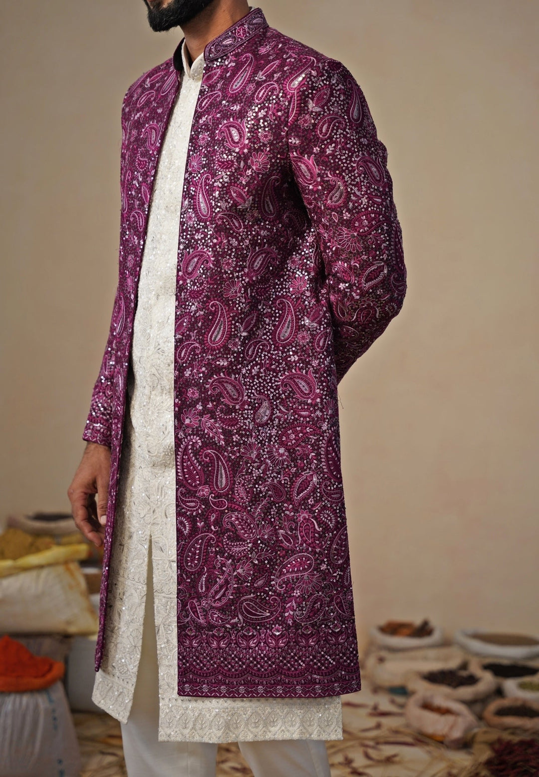 Ivory and Wine Georgette Indo - western Jacket Set Kalpraag - Fabilicious Fashion