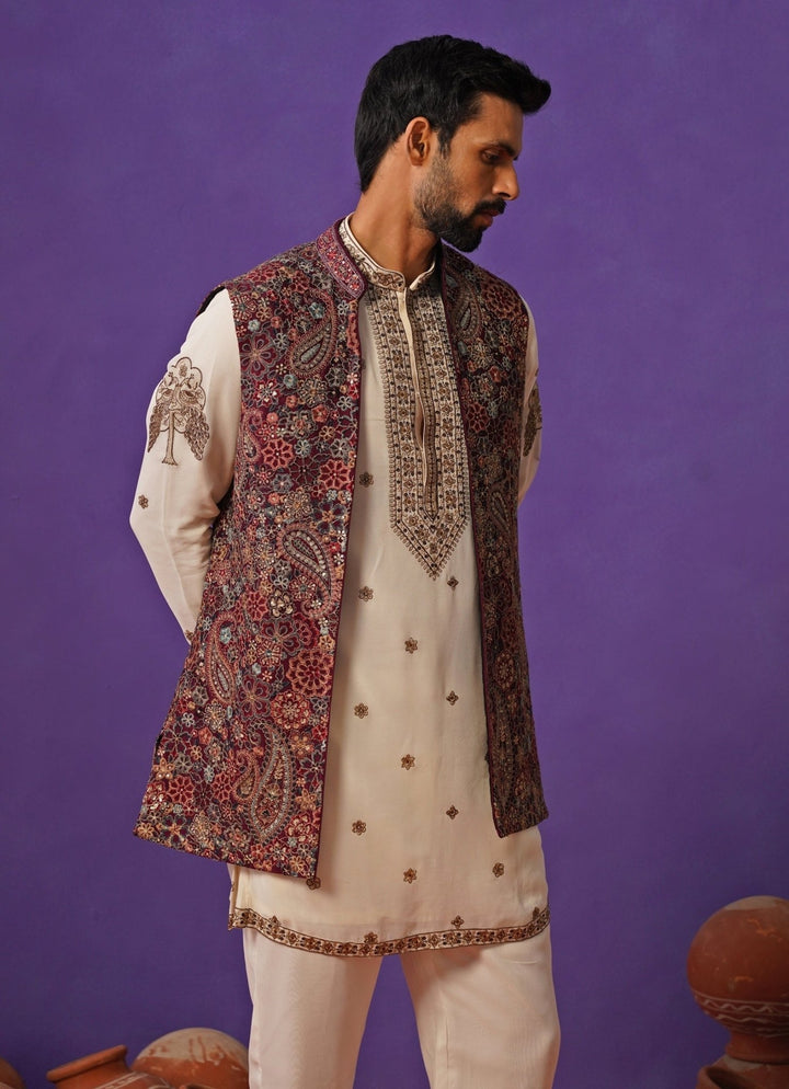 Kalpraag Ivory and Wine Georgette Short Kurta Jacket SetFabilicious Fashion