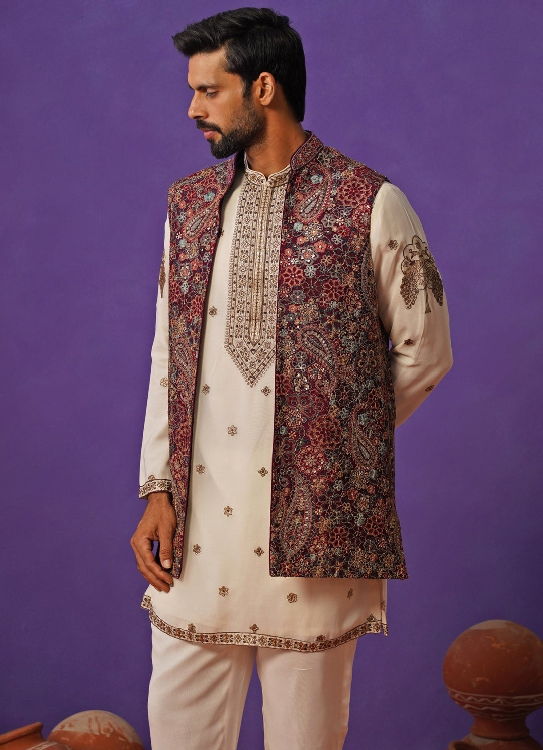 Kalpraag Ivory and Wine Georgette Short Kurta Jacket SetFabilicious Fashion